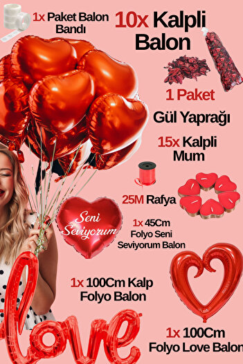 Baloncu Dede 10 Red Heart Foil Balloon I Love You Love and Big Heart Foil Balloon 15 Heart Candle Dear