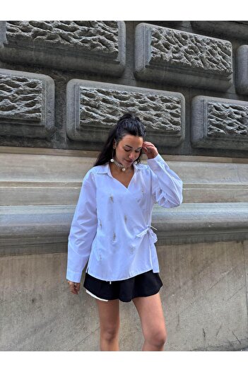 minaaise Women's White Handcrafted Stone Double Breasted Shirt 29053