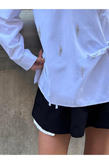 minaaise Women's White Handcrafted Stone Double Breasted Shirt 29053