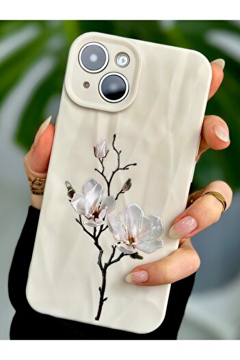 Go Aksesuar 3D Paper Magnolia Print Patterned Silicone Case Compatible with iPhone 13 and 14