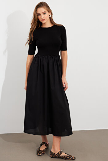 Cool & Modest Rochie midi neagră din țesătură contrastantă pentru femei MDMR457