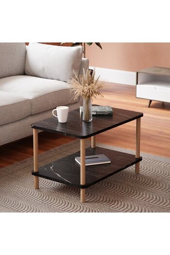 interGO Center Table Rectangular Wooden Legs - Black Marble Pattern