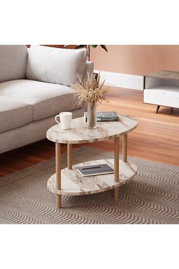 interGO Center Table Elliptic Wooden Legs - Cream Marble Pattern
