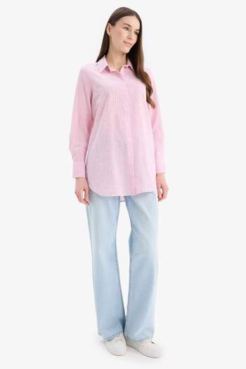 DeFacto Striped Flared Cotton Shirt - Regular Fit Long Sleeve, Tunic E6912Ax25Sp