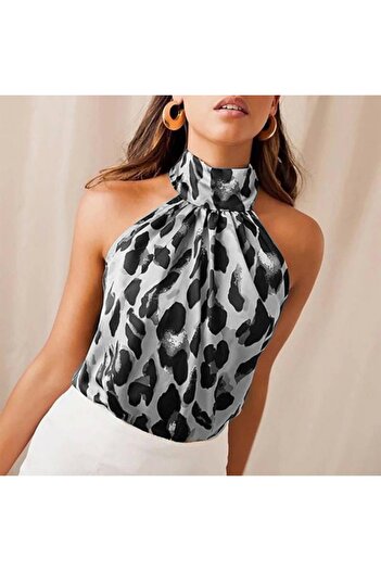 POLEXP Women's Leopard Patterned Halter Neck Micro Fabric Blouse