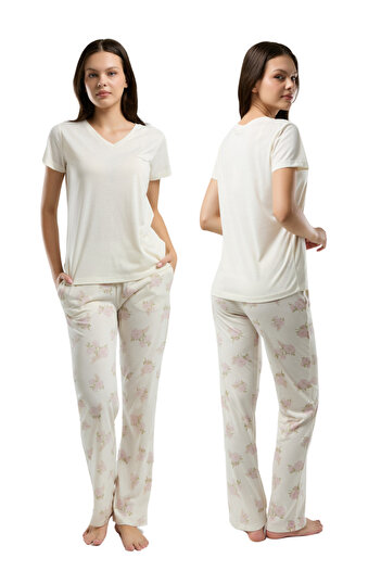 Pierre Cardin Women's Cream Short Sleeve V-Neck Pocket Detailed Pajama Set Vr.Pc.K90.T06.Y11