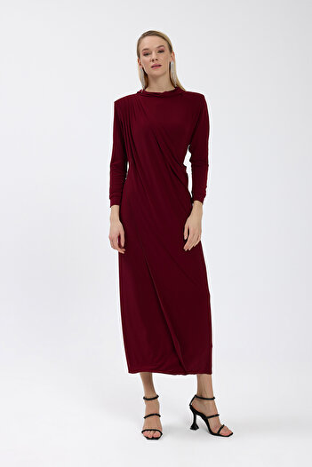 Birgül Bektaş Bordo Drape Detaylı Elbise