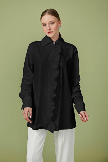 Birgül Bektaş Poplin Tunic - Black Ruffle Detailed