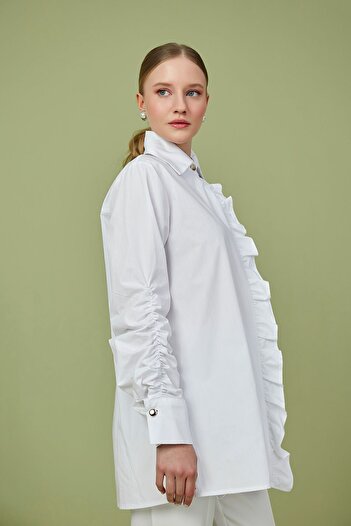 Birgül Bektaş Poplin Tunic - White and Ruffle Detailed