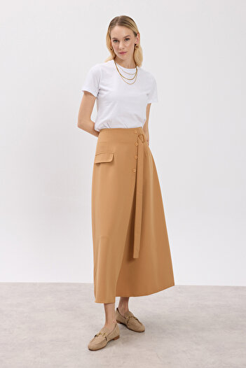 Birgül Bektaş Cinnamon Asymmetrical Button Detailed Skirt