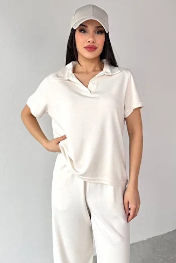 Cappmoda Tkm-03690 Ecru Polo Neck Blouse Loose Trousers Double Set