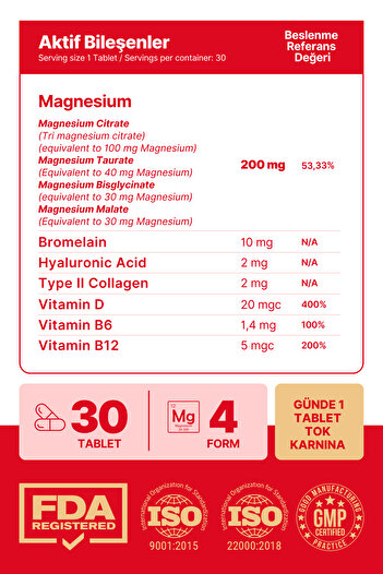 anocin MAGNEZYUM X4 COMPLEX CİTRATE, TAURATE, BİSGLYCİNATE, MALATE + BROMELAİN + KOLAJEN+ H.ASİT+D+B12+B6