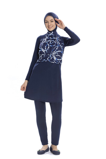 hazelin Women's Navy Blue White Patterned Long Sleeve Full Covered Hijab Swimsuit Hzl25S-Ar259/02