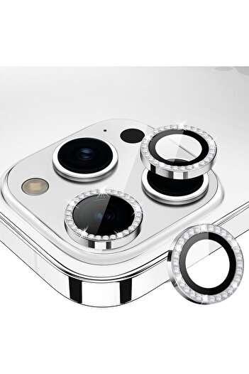 AWH iPhone 15 Pro/Pro Max Camera Lens Protector, Bling Metal Diamond Ring 9H Scratchproof (Silver)