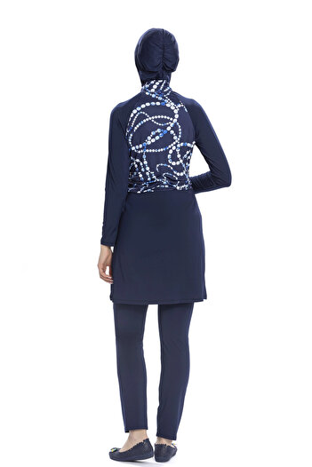 hazelin Women's Navy Blue White Patterned Long Sleeve Full Covered Hijab Swimsuit Hzl25S-Ar259/02