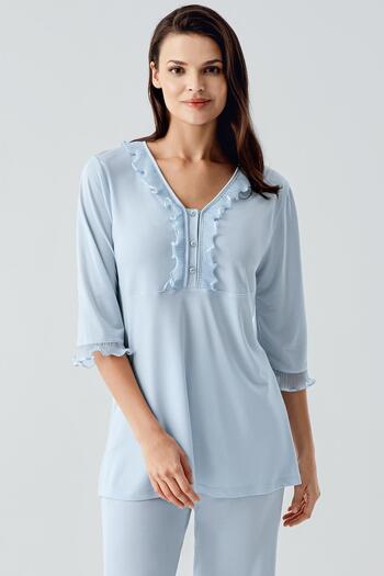 Artış Three Quarter Sleeve Lace Buttoned Flexible Viscose Pajama Set