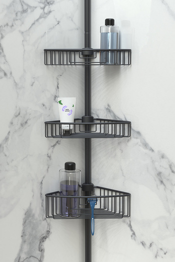 Prima Nova Stainless Aluminum 3 Shelf Spring Bathroom Corner Shelf - Black
