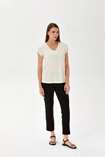 İKİLER Chain Stripe Detailed Collar - Blouse 024-1050