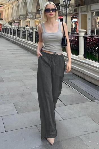 Madmext Smoked Pocket Wide Leg Women's Trousers Mg1882