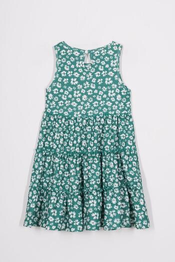 zepkids Crew Neck Floral Patterned Green Color Girl's Dress with Hat Accessories