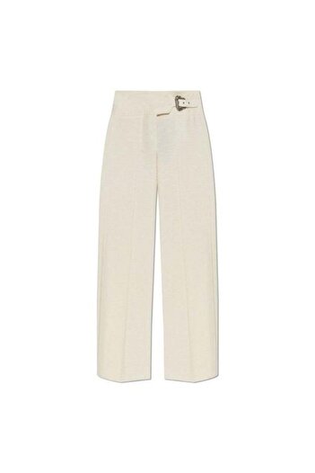 Versace Women's Regular Fit Pleated Wide Leg Belt Detailed White Trousers