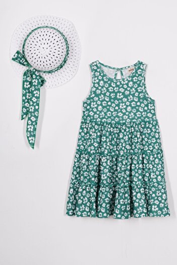 zepkids Crew Neck Floral Patterned Green Color Girl's Dress with Hat Accessories