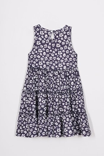 zepkids Crew Neck Floral Patterned Hat Accessory Navy Blue Color Girl's Dress