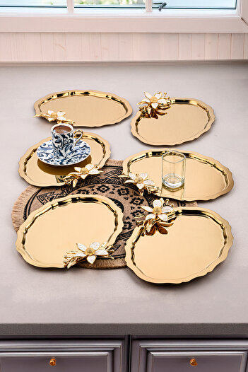 AHİR TİCARET 6 Pieces Oval Daisy Flower Coffee-Tea Serving and Presentation Tray 25X20 cm
