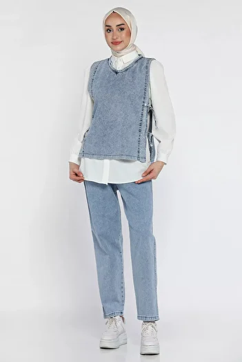 julude Blue Side Tie Stone Detailed Denim Vest Shirt Trousers Jean Hijab Three Piece Suit
