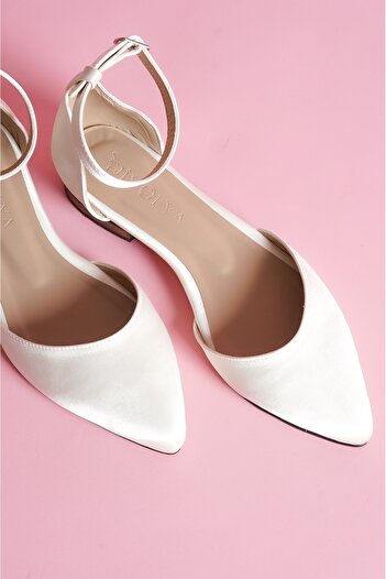 DİVOLYA Misty Beige Satin Ankle Strap Pointed Toe Daily Ballerinas