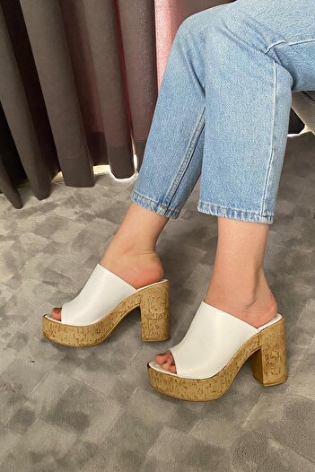 Preshley Women's Platform Heeled Cork Sole Slippers K-850 10 cm