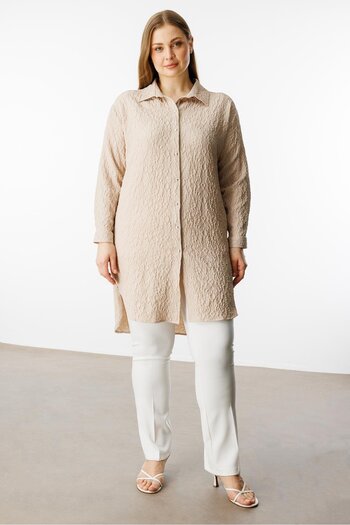 Moda İlgi Large Size Women's Long Tunic 4218 Stone Seersucker