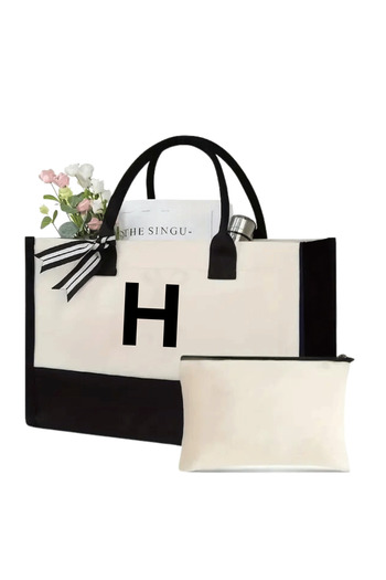 woys Your First Name Printed Canvas Fabric Beach Bag - with Makeup Bag Gift