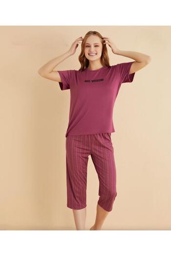 Mihra Women's Crew Neck Mi̇lan Lycra Capri Short Sleeve Pajama Set 50108m - 1 Piece