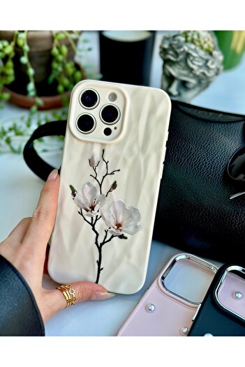 Go Aksesuar iPhone 16 Promax Compatible 3D Paper Magnolia Print Design Silicone Case