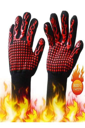 COOYA Kitchen Fireproof Gloves,Heat Resistant Thick Silicone,Non-Slip Flexibilty,with Hooks,33x11 cm