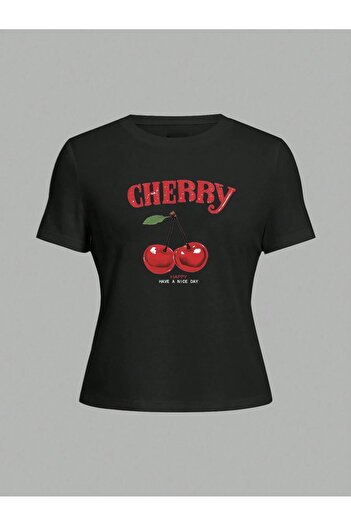 VBSVİBES Cherry Happy Printed Black Tshirt Mother Daughter Combination - Oversize Crew Neck T-Shirt