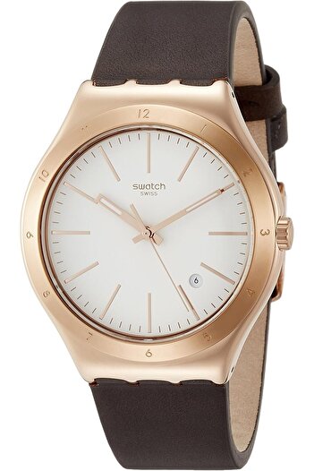 Generic Swatch Irony Tic Brown White Dial Leather Strap Unisex Watch Ywg405
