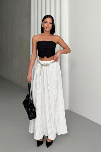 Bipantolon Women's White Stone Detailed Crush Effect Long Flared Skirt