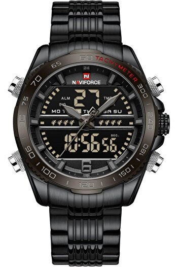 Generic Naviforce Full Black Analog Digital Stainless Steel Strap Wrist Watch For Men Nf9195