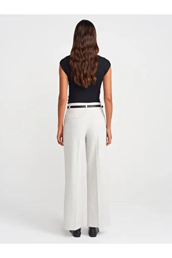 Dilvin 71660 High Waist Belted Trousers-Light Gray