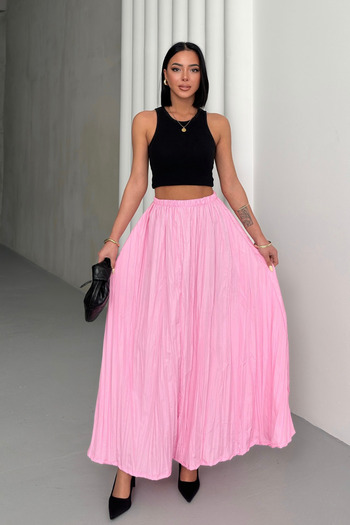 Bipantolon Women's Pink Crush Effect Long Flared Skirt