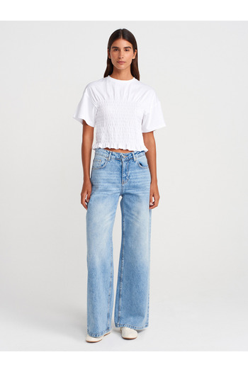 Dilvin 71765 Pantaloni albaștri din denim - Spălat cu zăpadă cu talie joasă