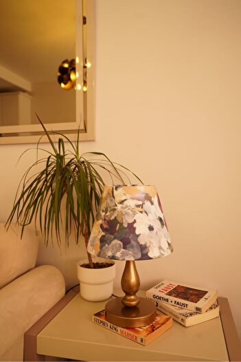 retro home design Eskitme Ayaklı Mor Çiçek Detaylı Silindir Masa Lambası Dekoratif Abajur Salon Yatak Odası