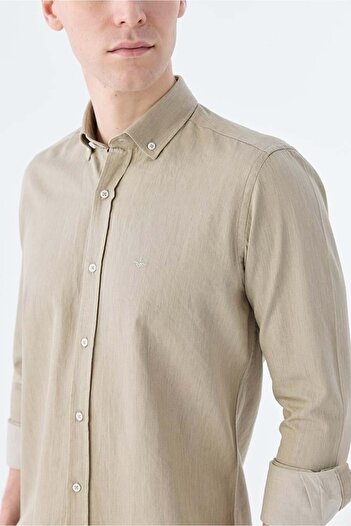 Jakamen Bej Slim Fit Cepli Düğmeli Yaka %100 Pamuk Gömlek