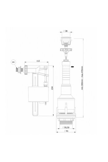 MEGA Toilet tank emptying mechanism, side supply, 3/8 brass connection, with button, complete set
