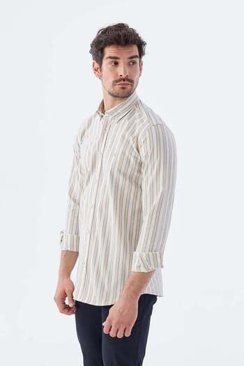 Jakamen Mink Comfort Fit Buttoned Collar Striped Cotton Shirt