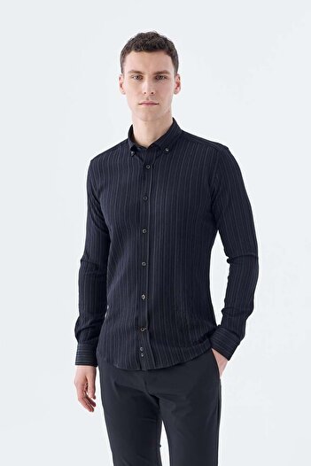 Jakamen Black Slim Fit Buttoned Collar Linen Blended Patterned Shirt