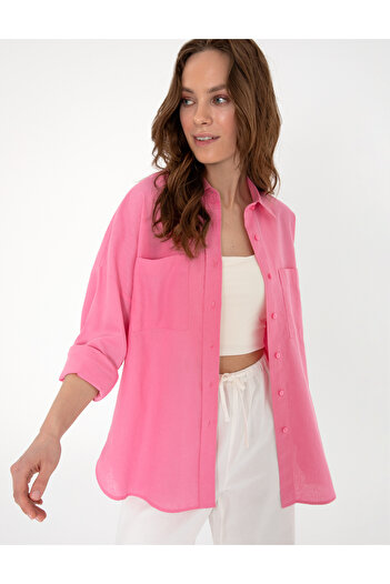 Pierre Cardin Açık Pembe Oversize Keten Karışımlı Uzun Kollu Gömlek 50313128-VR078