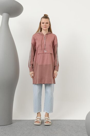Puane Women's Hooded Tunic with Front Zipper Detail - 10610Tun - Rose
